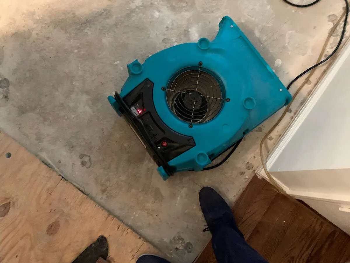 Air mover drying subfloor during Leak Detection & Repair in Potomac Mills